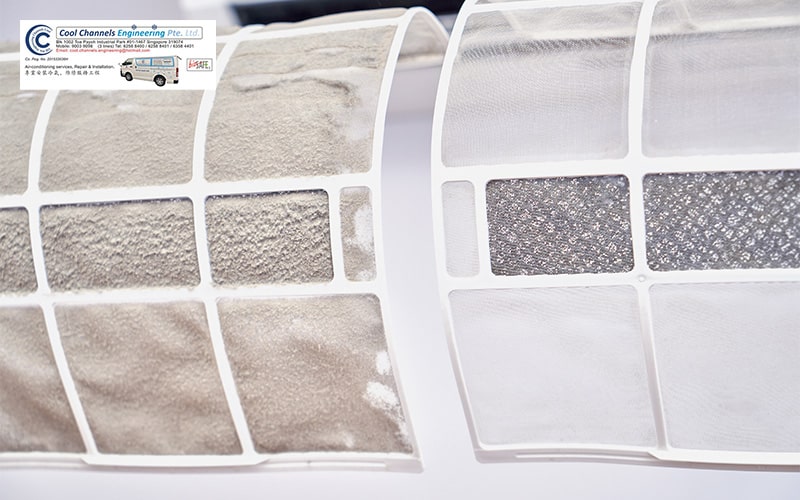 Side-by-side comparison of air conditioner filters—left one dirty with dust, right one clean and clear.