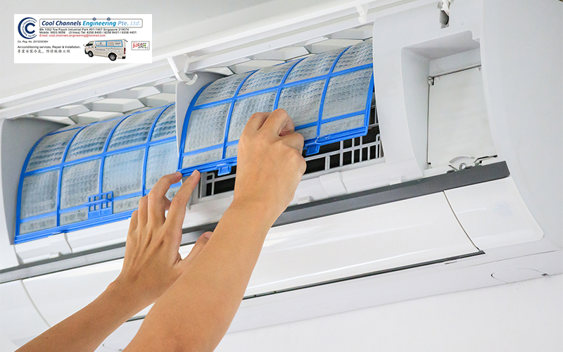Professional cleaning of aircon filters for better performance.