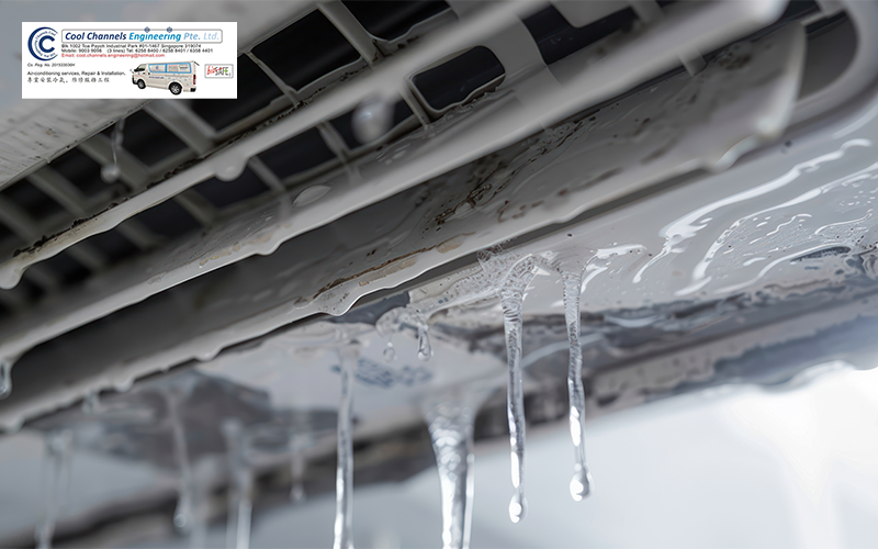 Close-up of water leaking from a malfunctioning aircon unit.
