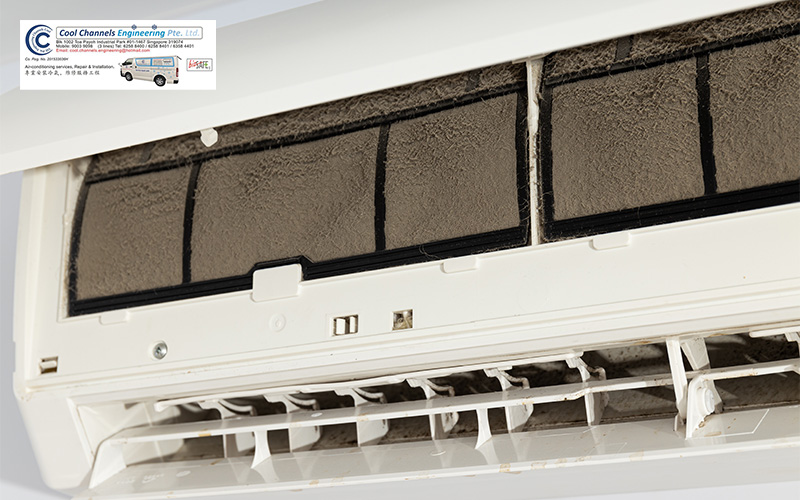 Extremely dirty and clogged aircon filters requiring urgent repair.