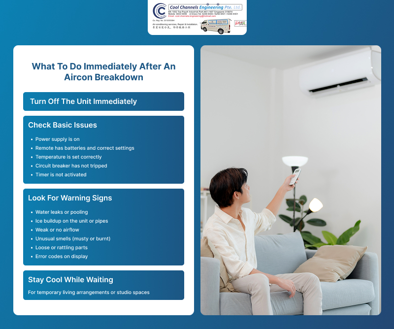 Immediate steps to take after an aircon unit fails.