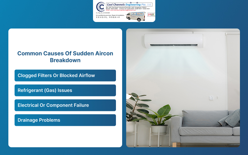 List of common causes for sudden aircon system breakdowns.